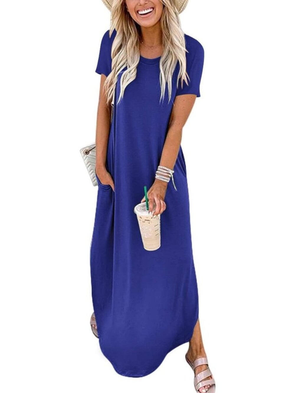 Women Royal Blue Summer Maxi Dress Short Sleeve Casual Split Beach Long T Shirt